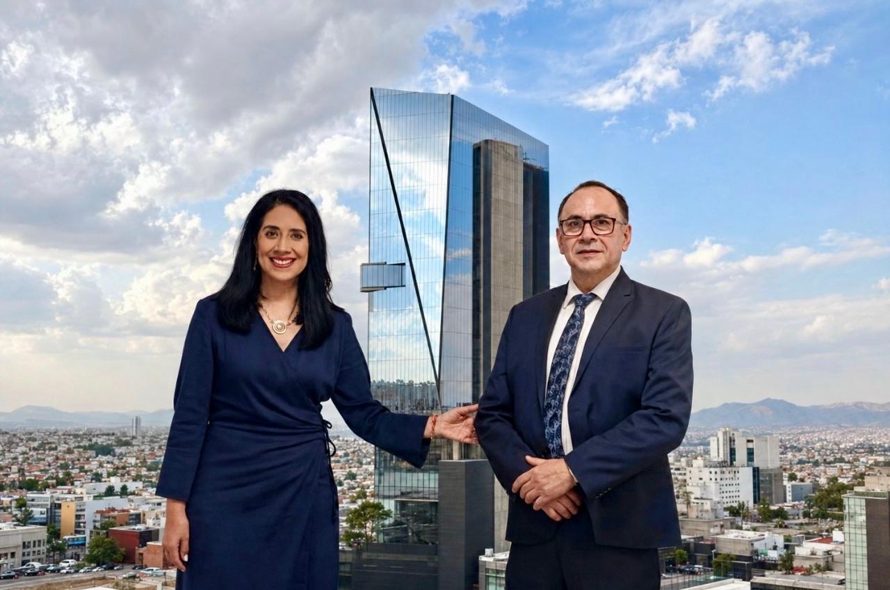 Martha Zúñiga y Arturo Zúñiga frente a Torre Santa Fe en Chihuahua